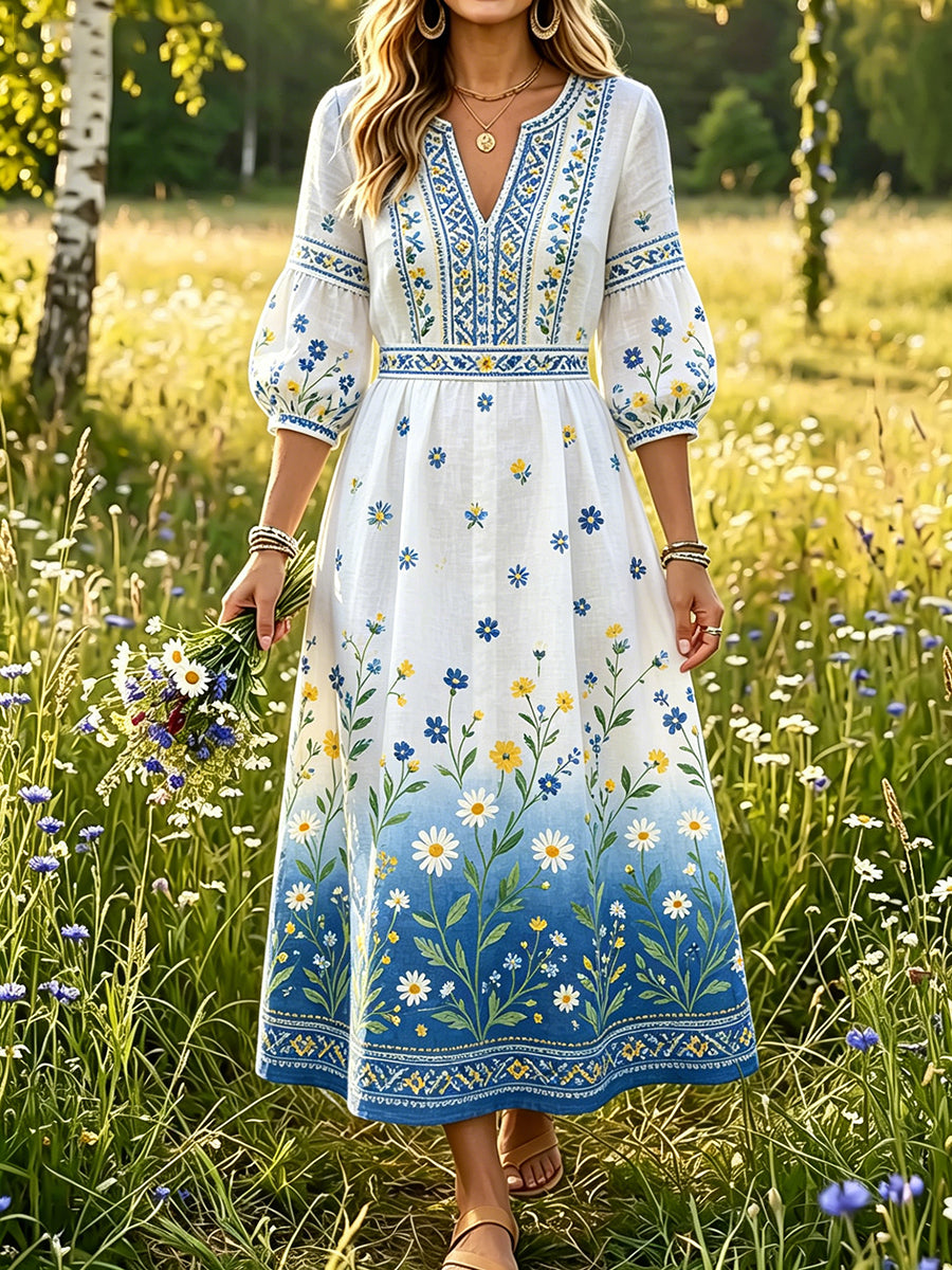Damer Svensk midsommar Dalahästtryck Casual mode Bomull-linne V-ringning Klänning