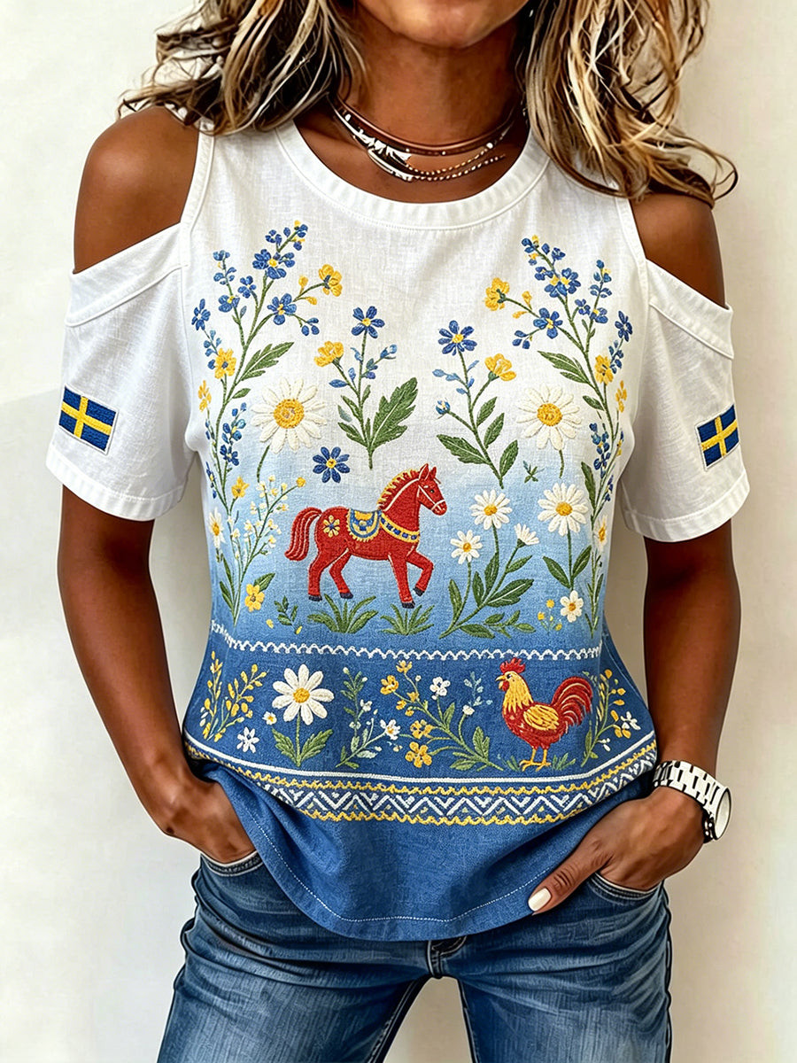 Dams midsummer-topp med blommönster och ombré-effekt, axelbandslös