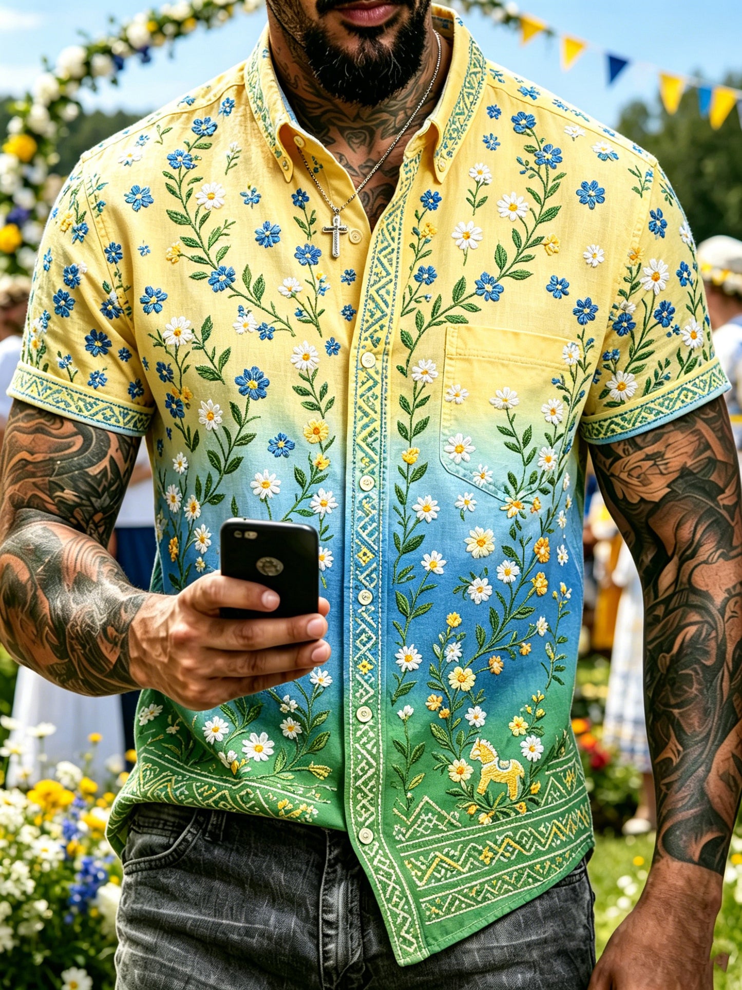 Herrtröja med korta ärmar och konstprint som hyllar den svenska midsommarfesten
