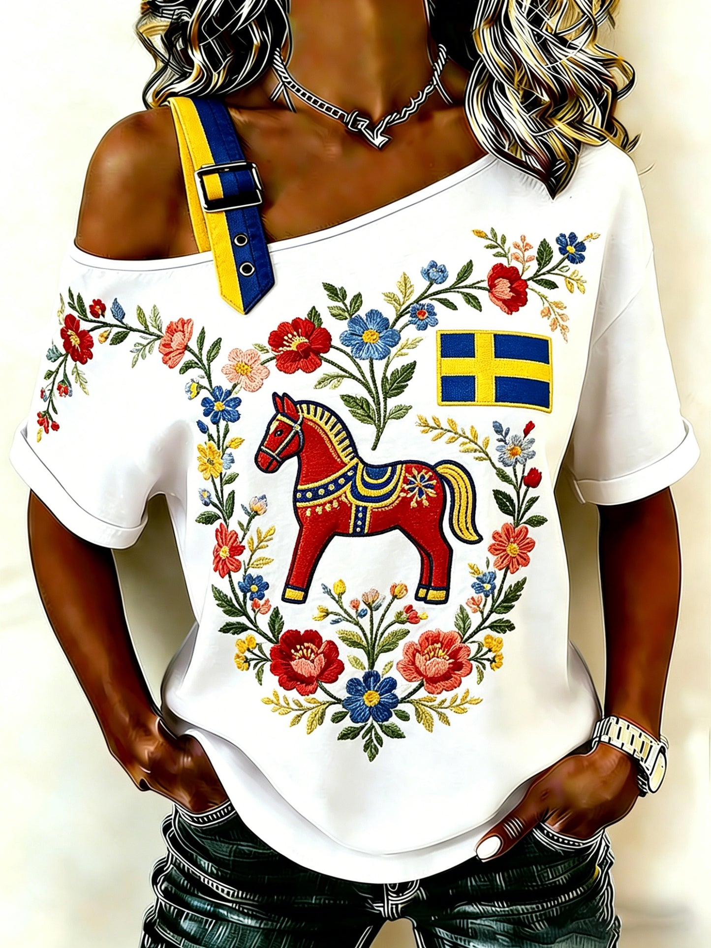 Damer Svensk midsommarfest minneskonsttryck axellös topp