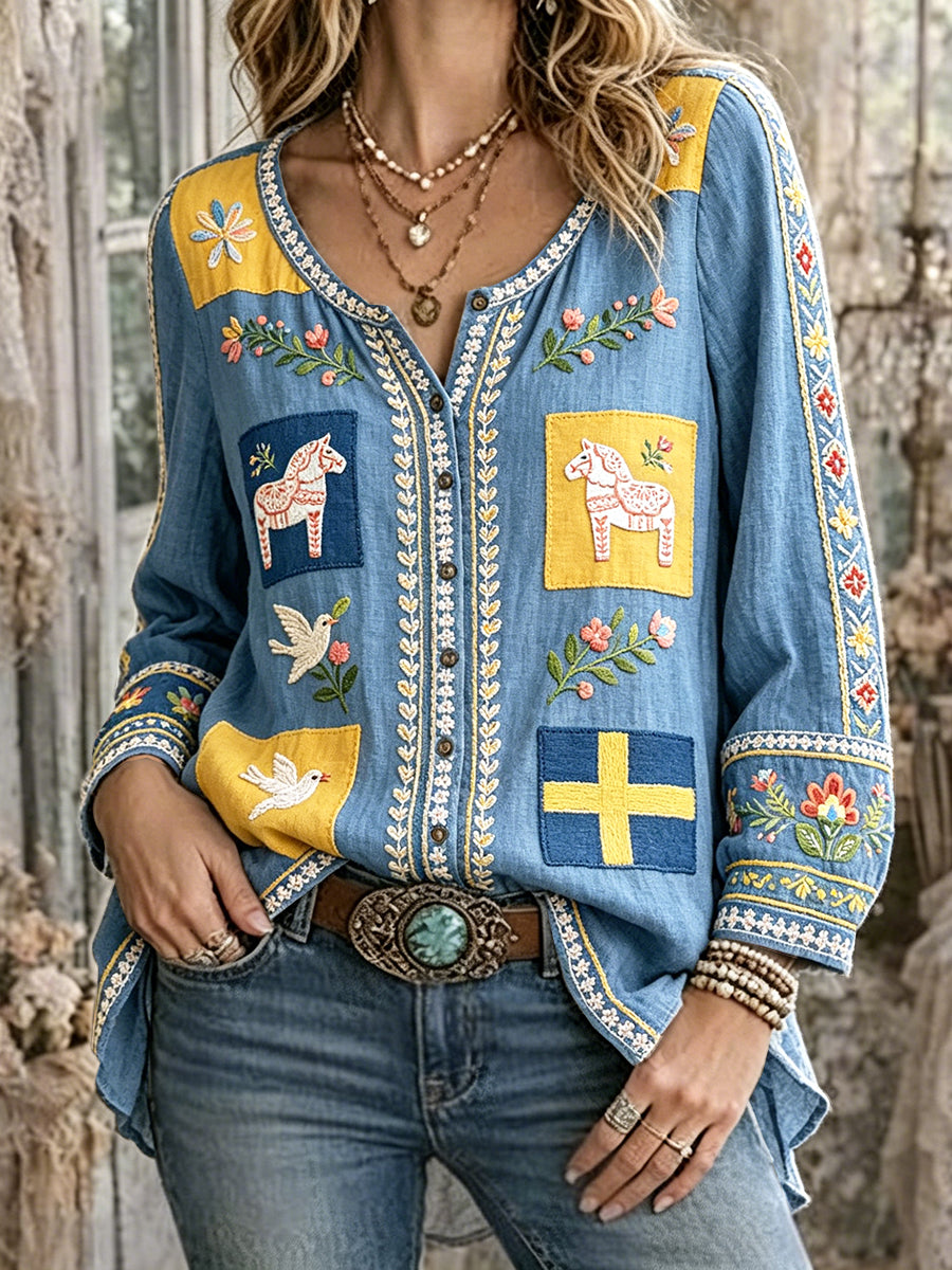 Kvinnors luftblå Svenska midsommar Patchwork Skriv ut Casual Cotton-Linen-skjort