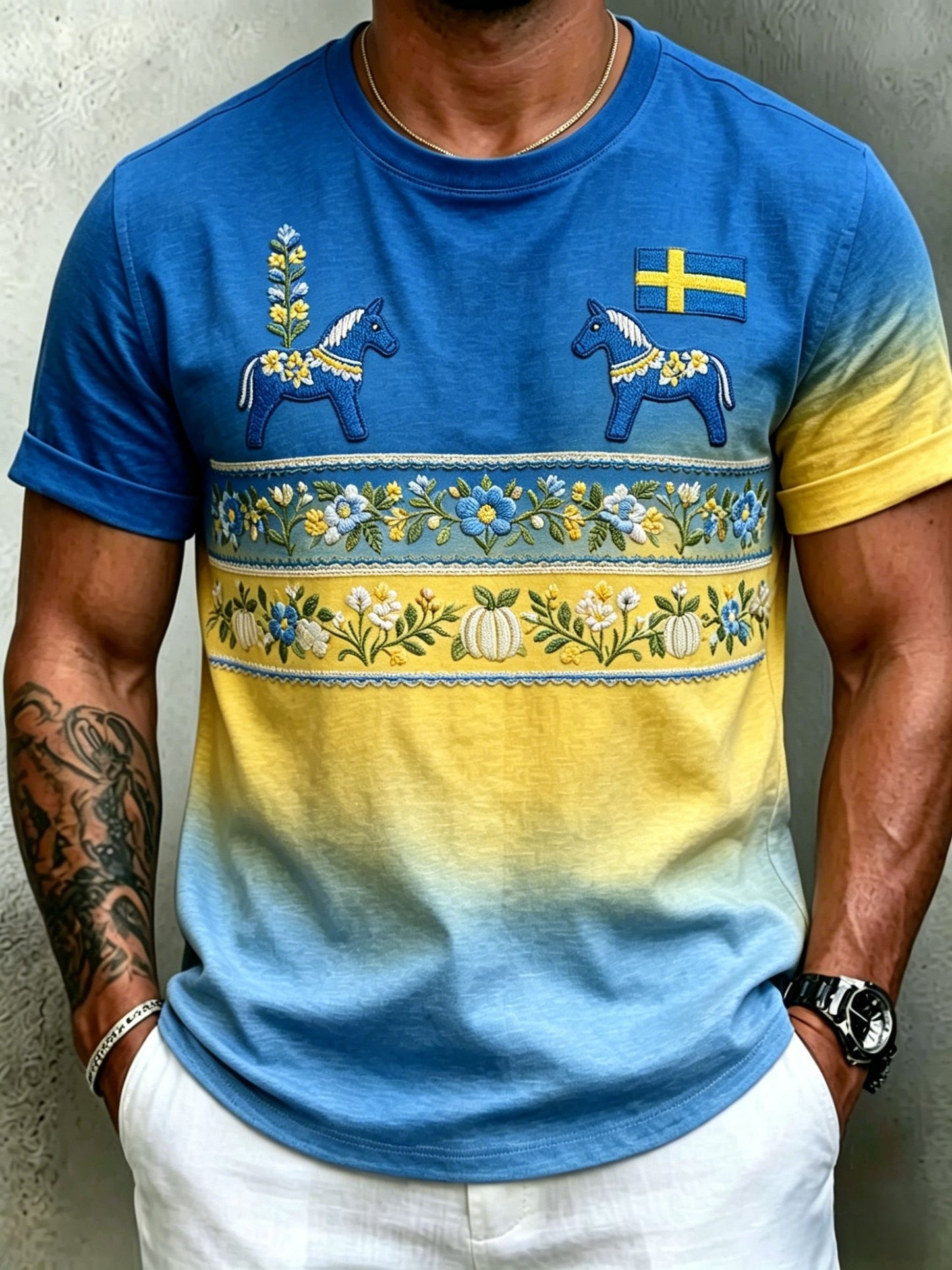 Herrretro svensk midsommarfolkal blommig kortärmad t-shirt