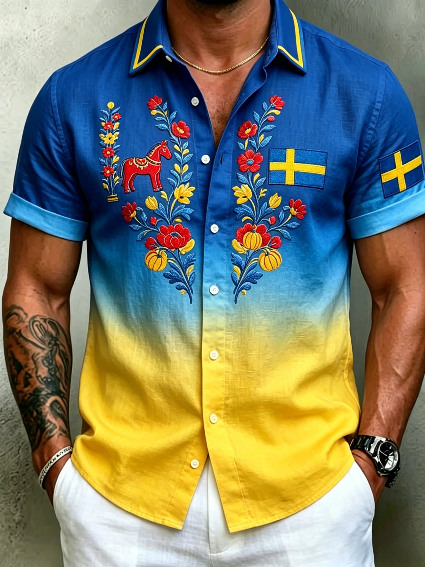 Herrretro svensk midsommarfolkaldrigblommig bomull-linne skjorta med korta ärmarna