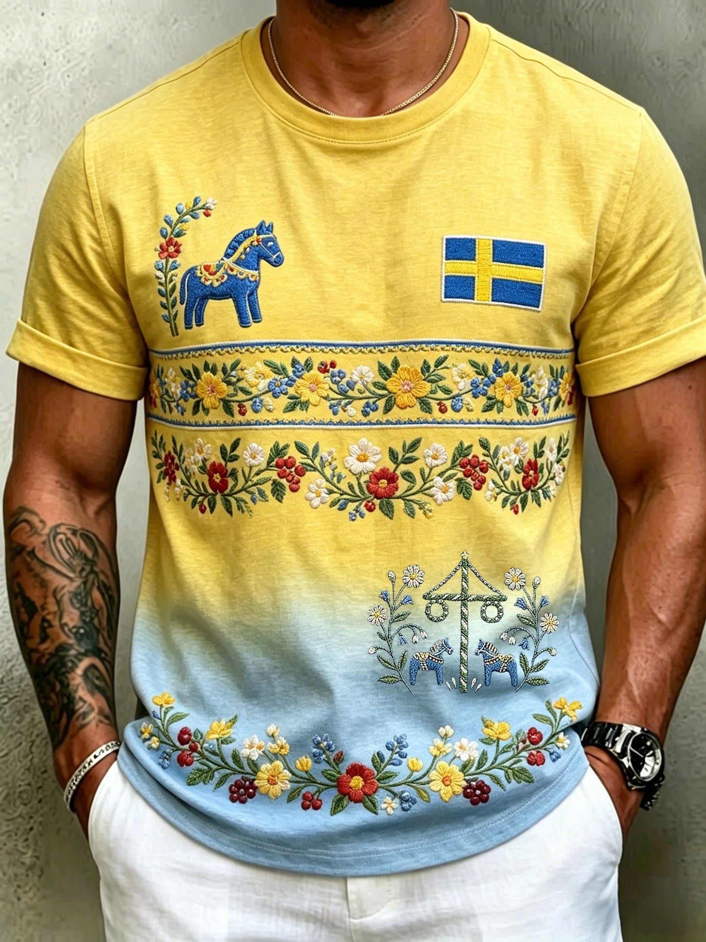 Herrretro svensk midsommarfolkal blommig kortärmad t-shirt