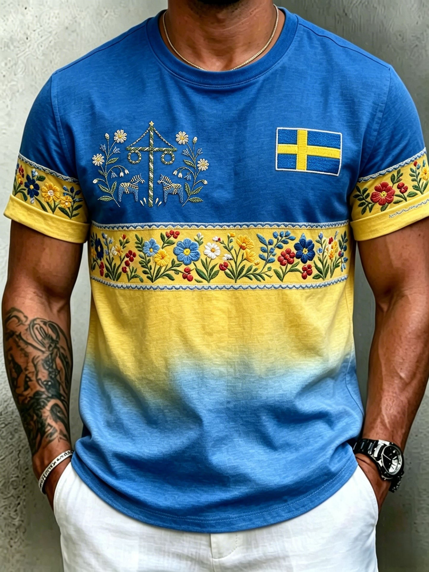 Herrretro svensk midsommarfolkal blommig kortärmad t-shirt