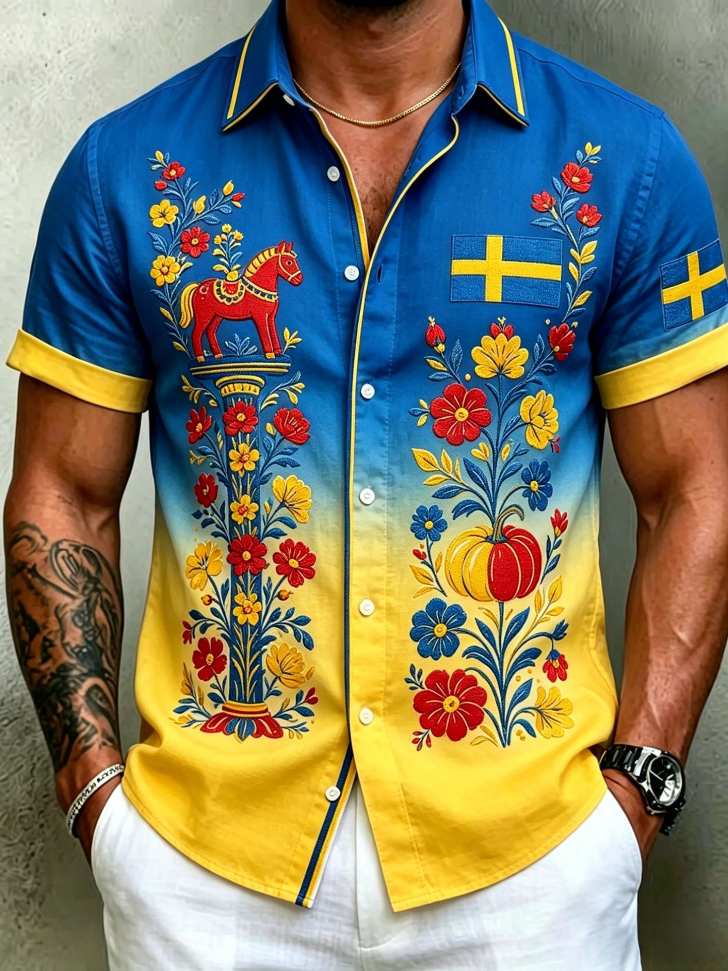Herrretro svensk midsommarfolkaldrigblommig bomull-linne skjorta med korta ärmarna