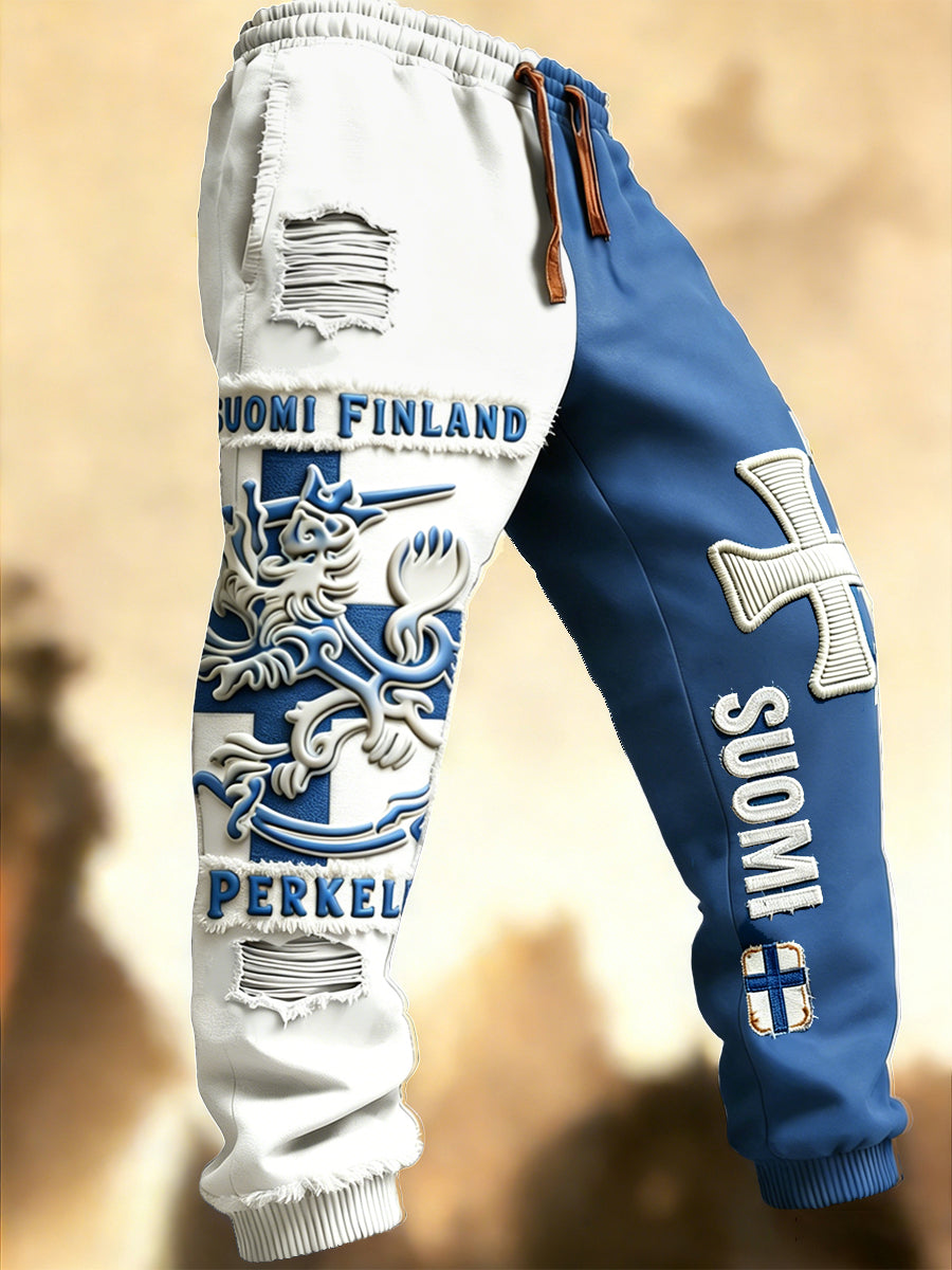 Mäns finska Suomi Distressed Print Patchwork Casual Sweatbyxor Byxor