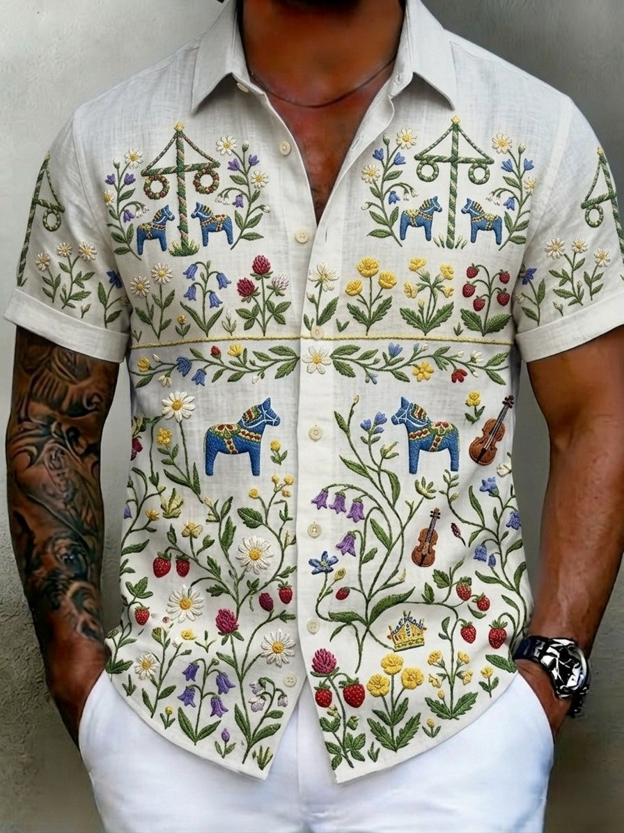 Herrskjortor i retrostil med svensk midsommar- och folkdräktsmotiv i bomull-linne, kortärmade