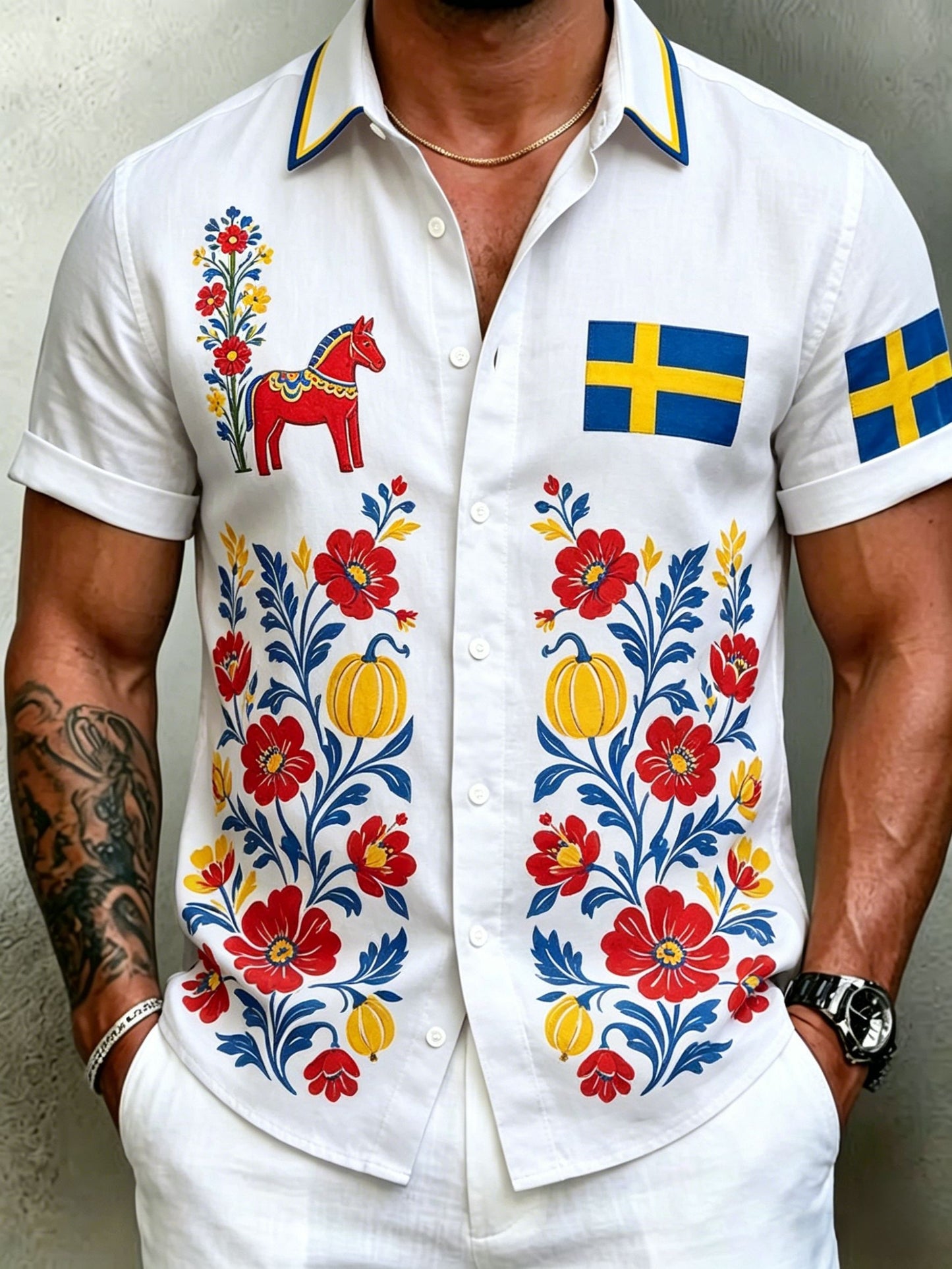 Herrskjortor i retrostil med svensk midsommar- och folkdräktsmotiv i bomull-linne, kortärmade
