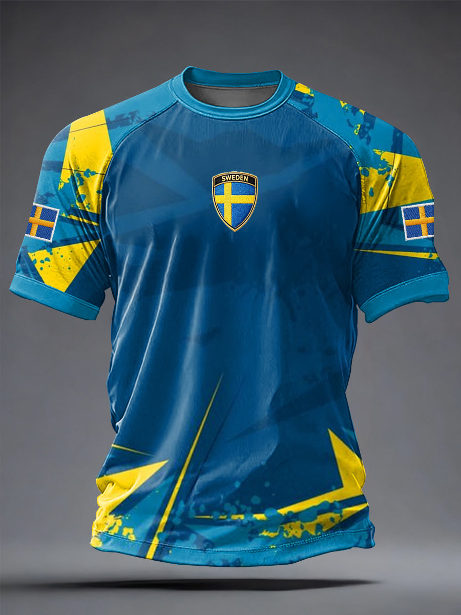 Herrtröja i svensk fotbollsstil med tryckt motiv, ledig modell och korta ärmarna