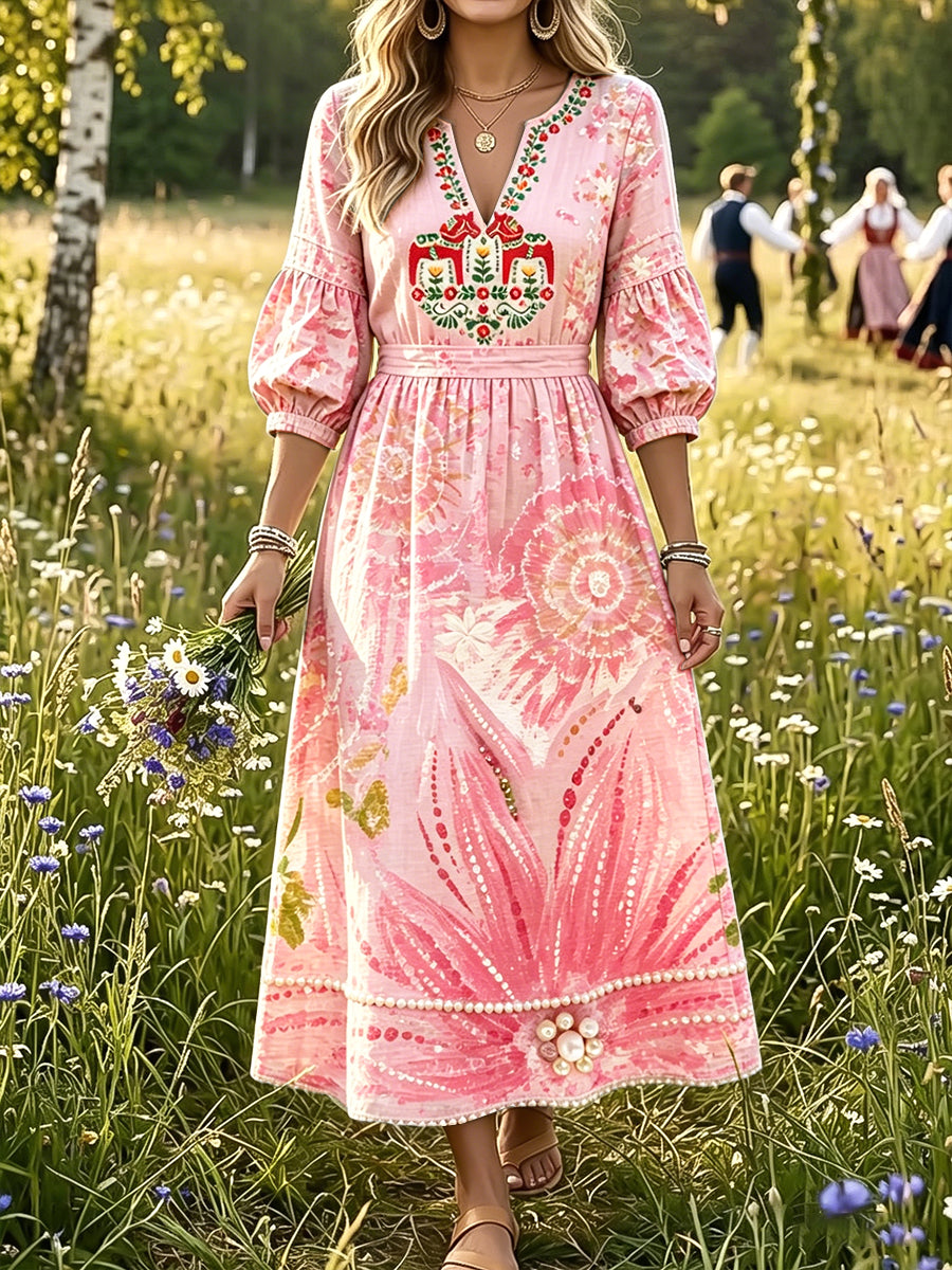 Kvinnors rosa sommar Svenska Dala Häst Floral Print Casual Klänning