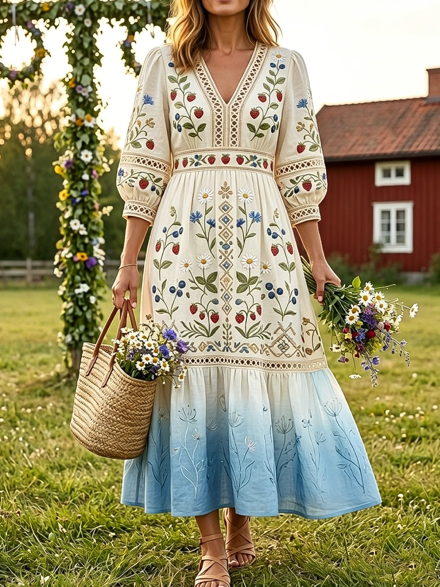 Dams retro midsommarblommig semesterklänning i bomull-linne
