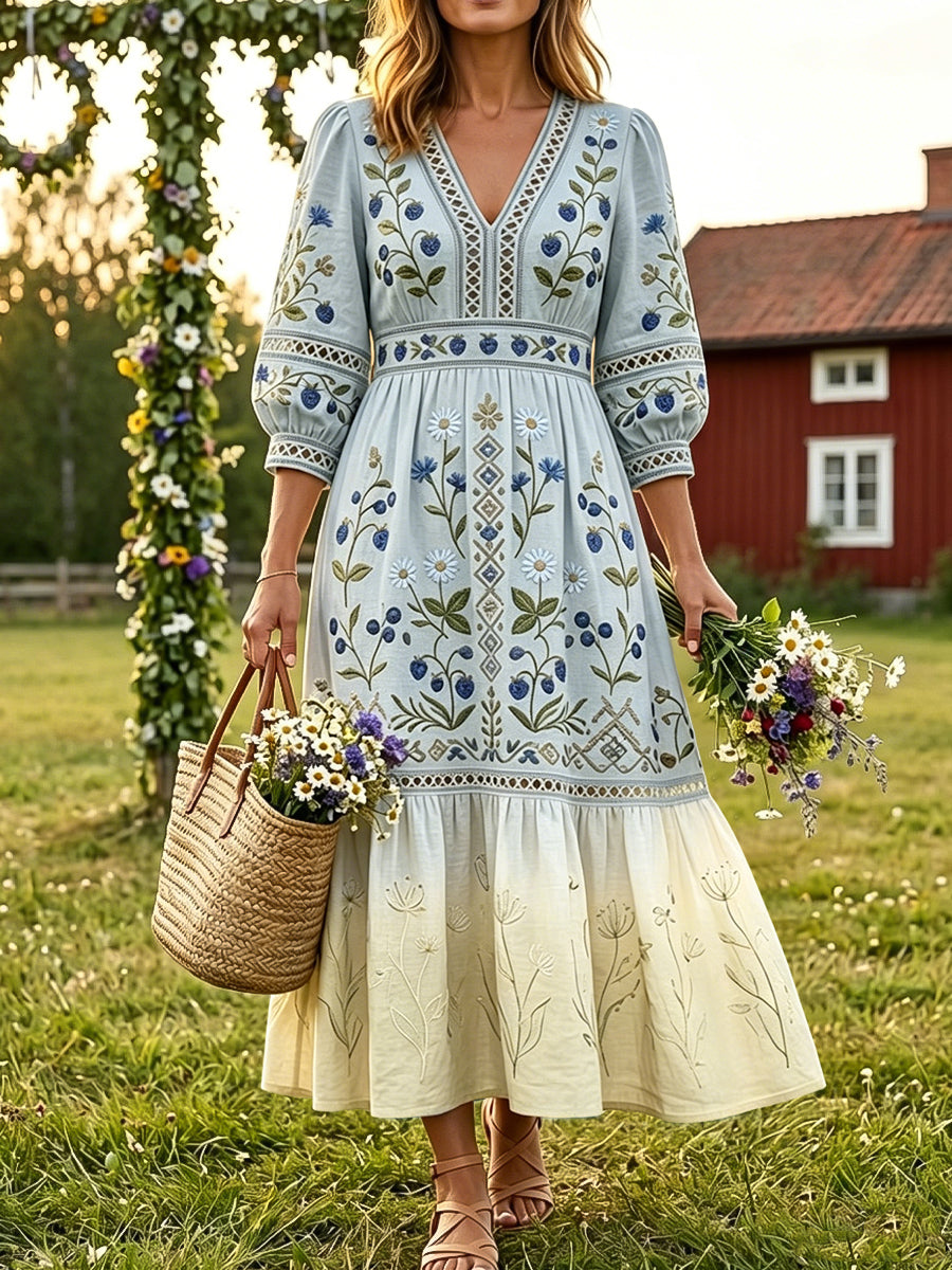 Dams Retro Midsommar Blåbär Gradient Bomull-Linne Semesterklänning