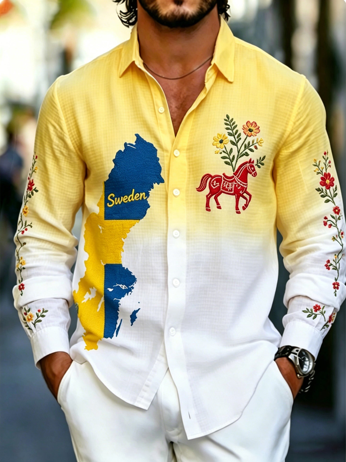 Herrtröja med konsttryck till minne av Sveriges nationaldag, långärmad