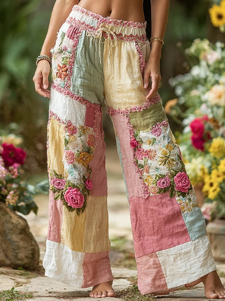 Kvinnor Bohemian Blomsterbroderi konst kontrast färg lin blandning Casual byxor