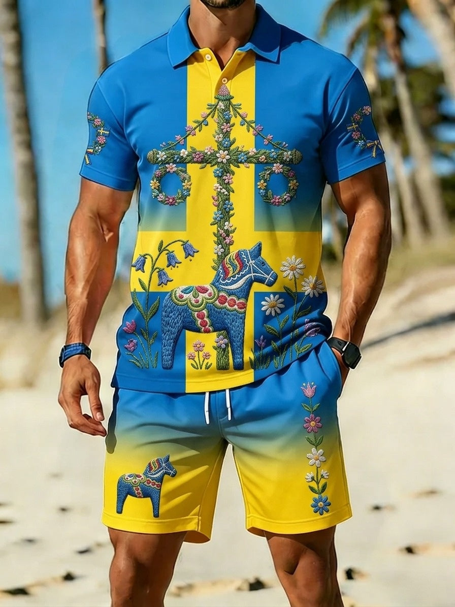Herrretro svensk midsommarfolkaldrigblommigt tryckt avslappnat polotröja- och shortsset