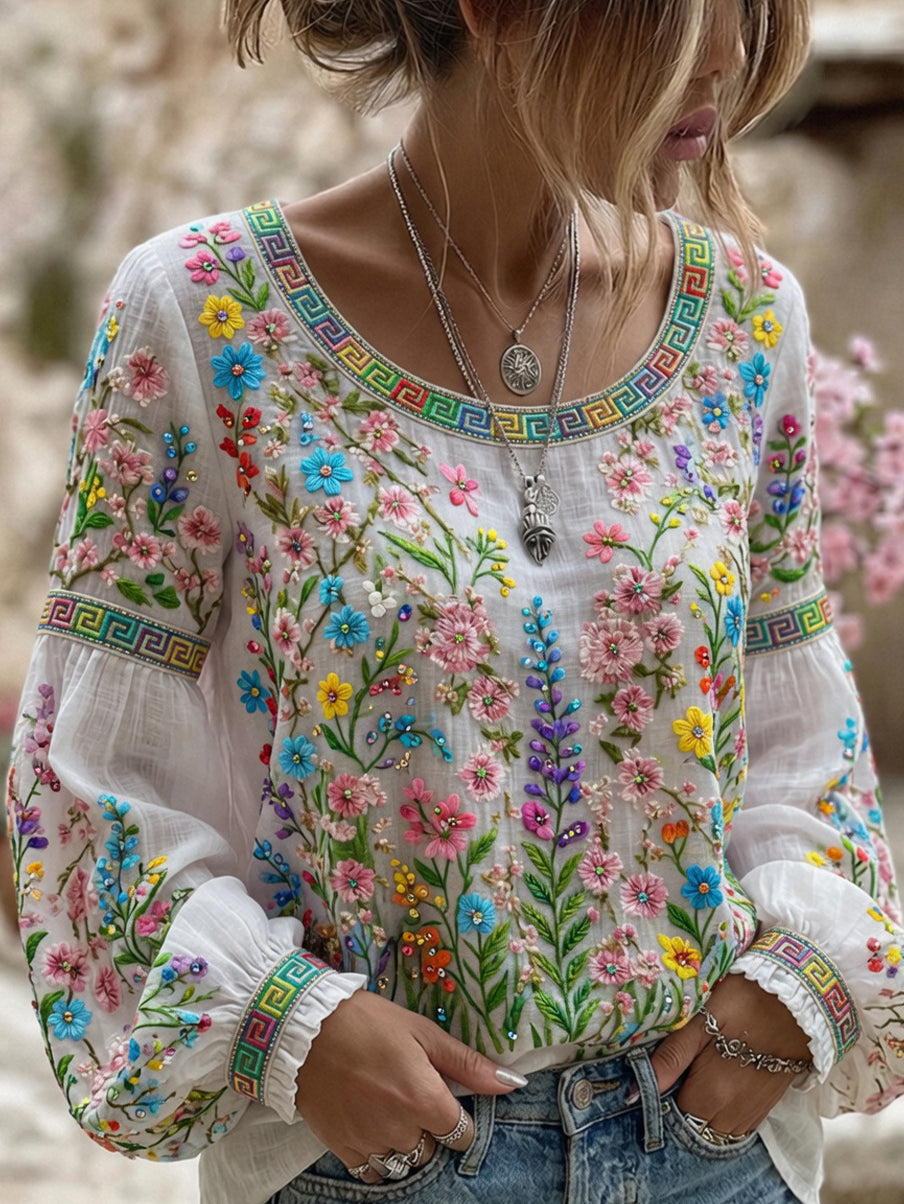 Dams vintage blommig konsttryckt casual topp i bomull-linne