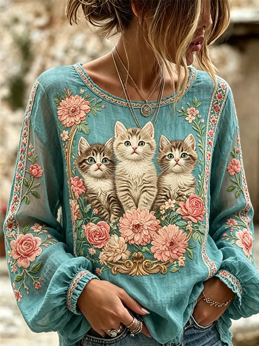 Damskjorta med kattbrodyr och print