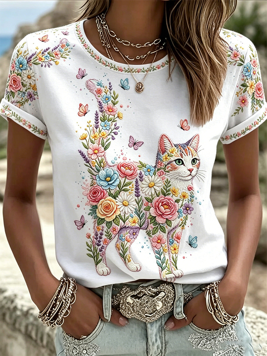 Dams örtblommig kattmönstrad casual t-shirt