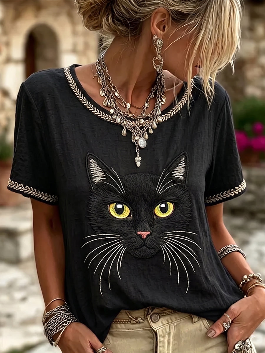 Kvinnors Vintage svart katt ansikte konst lin rund hals korta ärmar topp