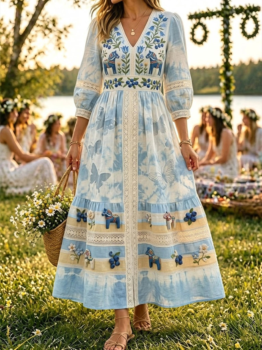 Kvinnor Retro midsommar vattenfjäril Casual bomull-Linen klänning