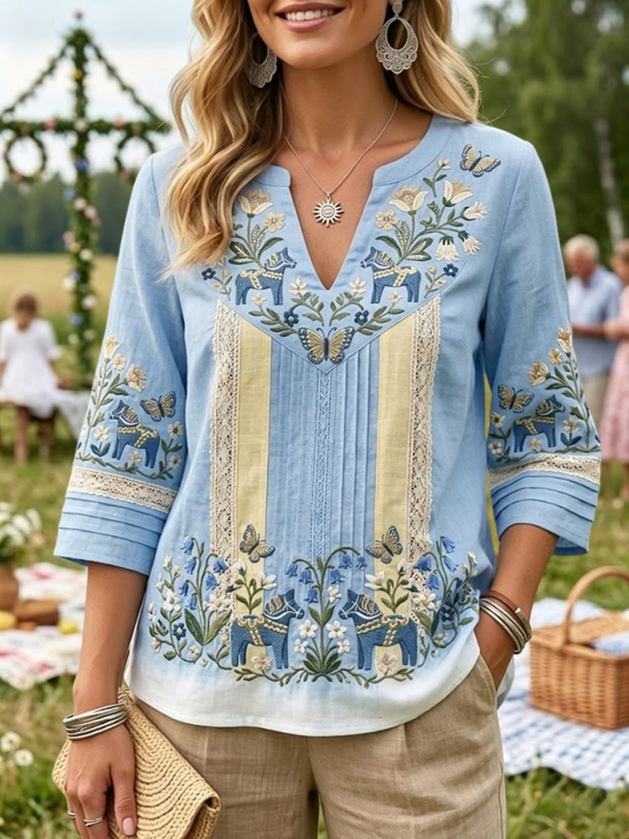 Kvinnor Retro midsommar Gradient Casual bomull-Linen blus