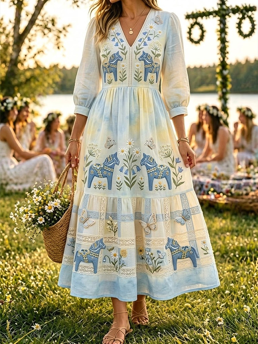 Kvinnor Retro midsommar akvarell Floral Casual bomull-Linen klänning