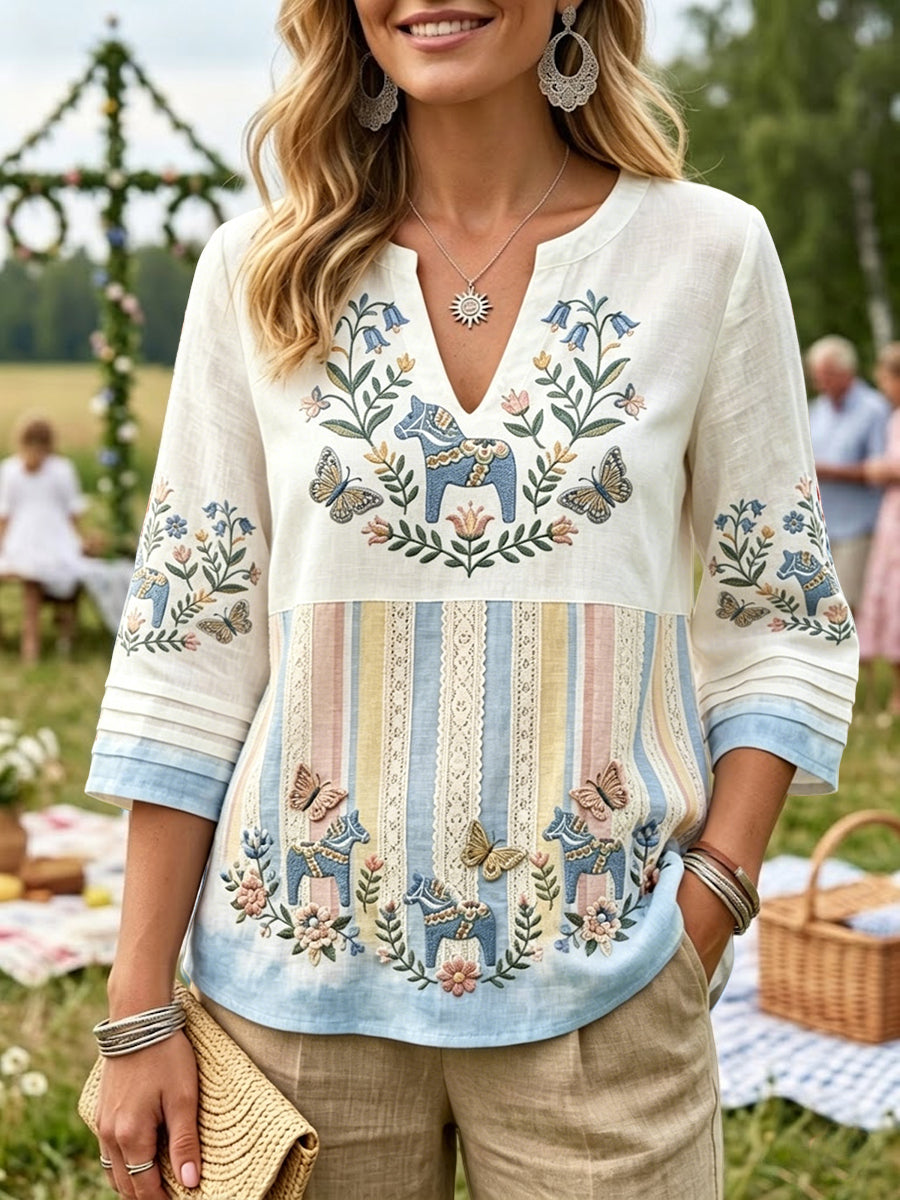 Kvinnors Retro midsommar Stripad patchwork Casual bomull-Linen blus