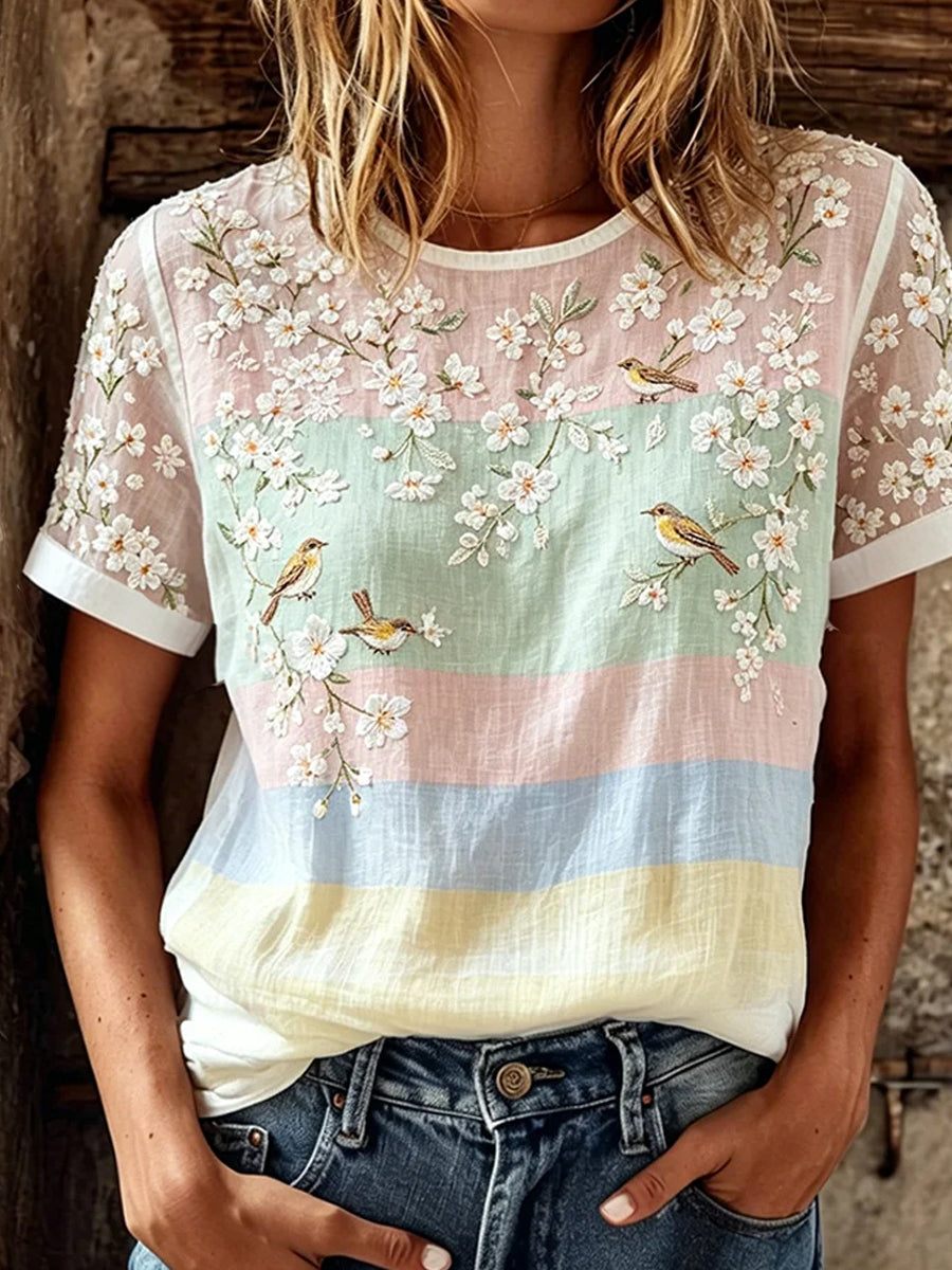 Kvinnors Vintage Floral Art Print Casual T-shirt