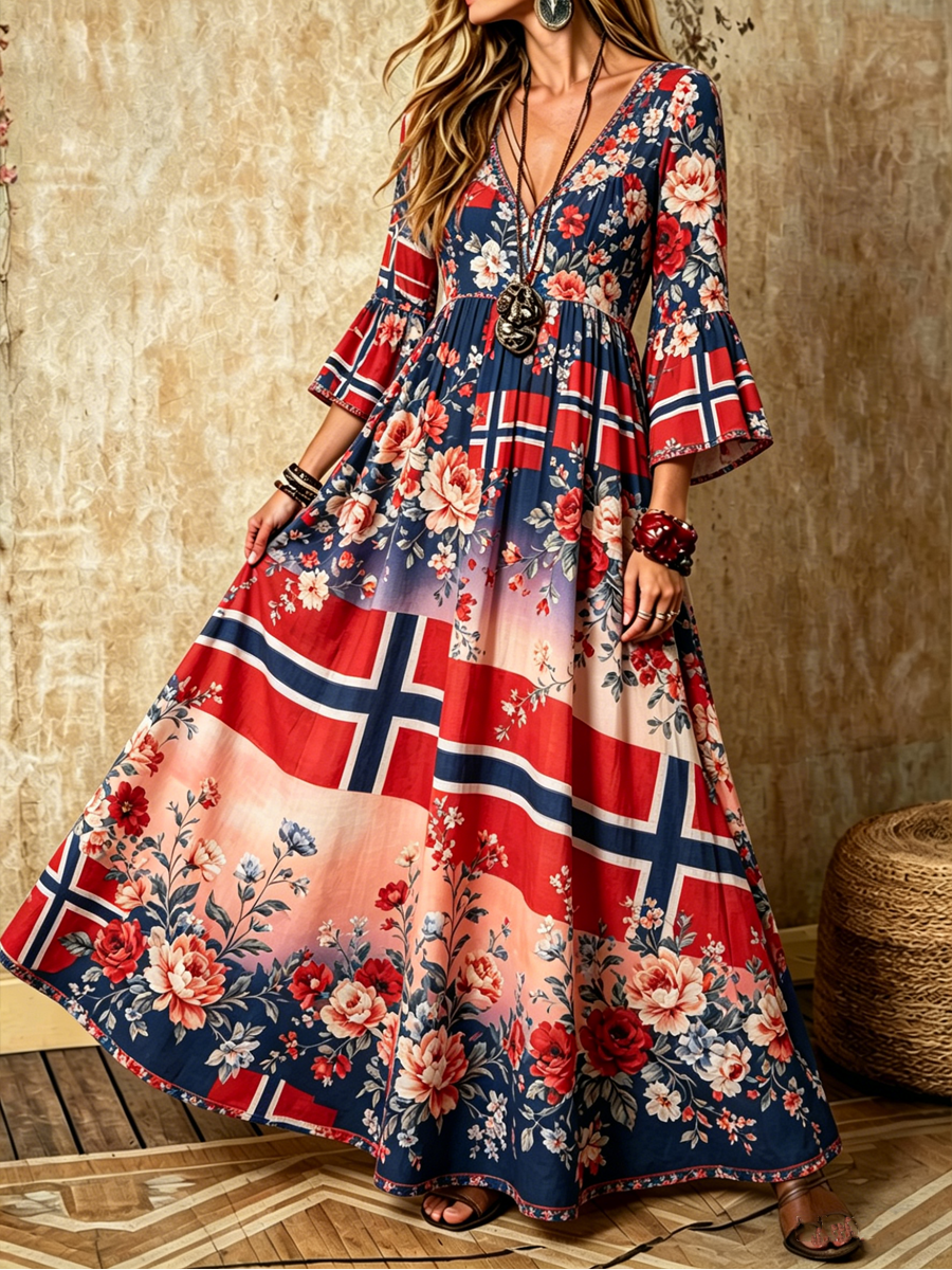 Kvinner Nordisk Scandinavian Style Blomsterkunst Trykt V-hals kjole med lommer