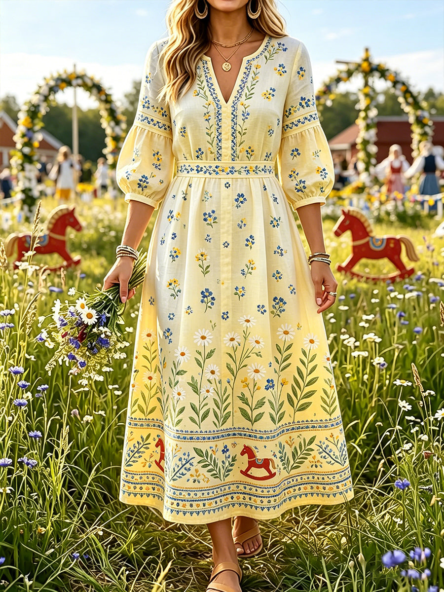 Damer Svensk midsommar Dalahästtryck Casual mode Bomull-linne V-ringning Klänning
