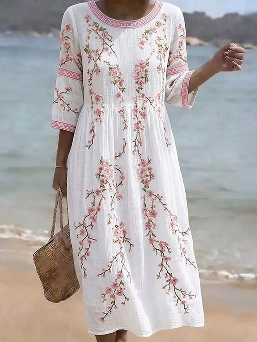 Dams mittlång klänning i vintagestil med blommönster i bohemisk stil, elegant modell i bomull och linne
