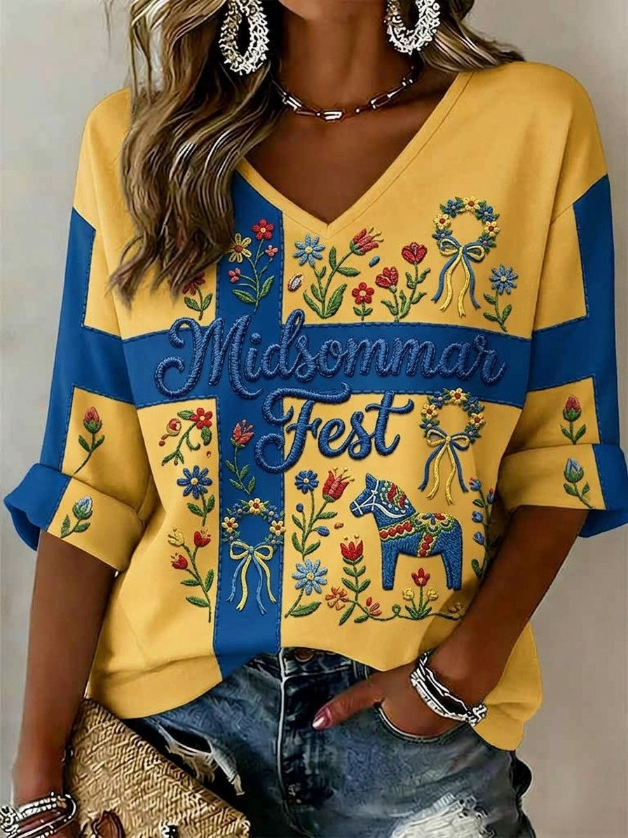Kvinnor Retro Svenska midsommar Folk Floral Topp