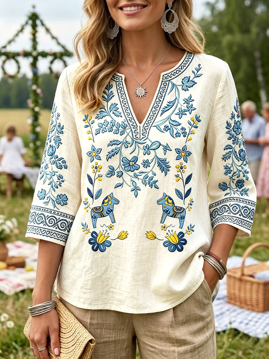 Kvinnors midsommar Dala Horse Floral Print Casual V-hals T-shirt