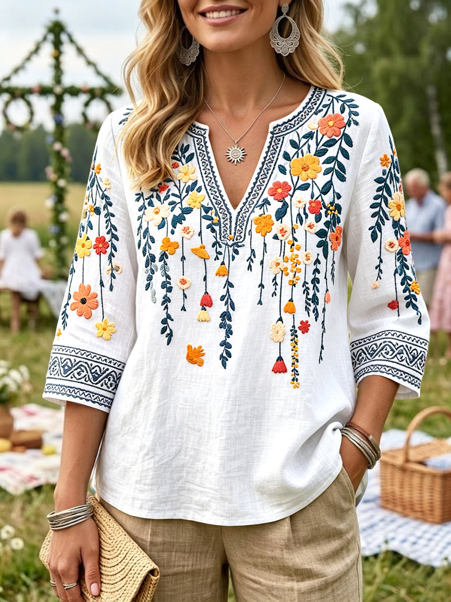 Kvinnors svenska midsommar 3D Floral Print Casual V-hals T-shirt