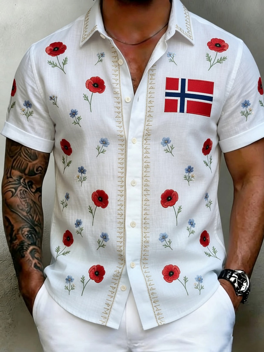 Gammel skandinavisk stil herreskjorte i bomull-lin med norsk kunsttrykk