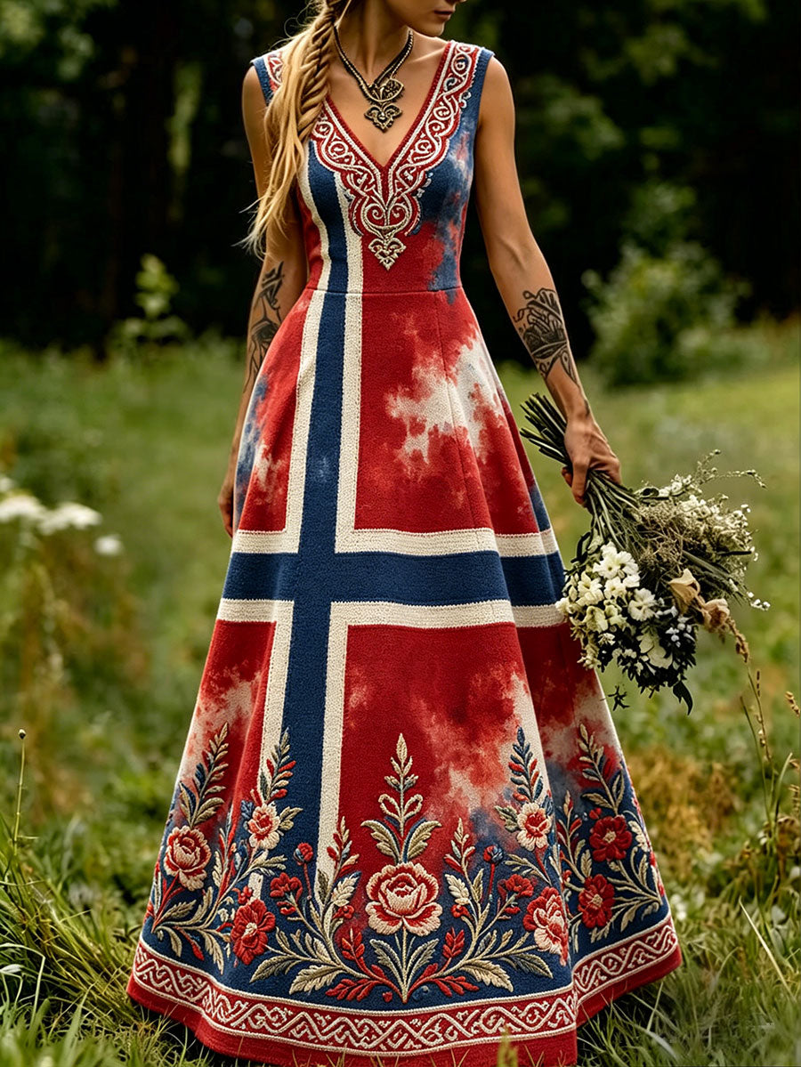 Damekjole i skandinavisk stil med nordisk blomster- og vikingmotiv