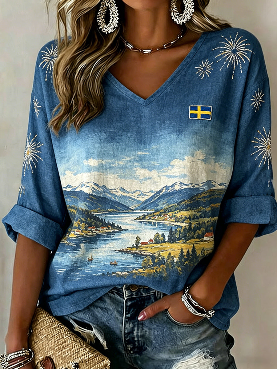 Kvinnors Casual V-hals topp med landskap Print