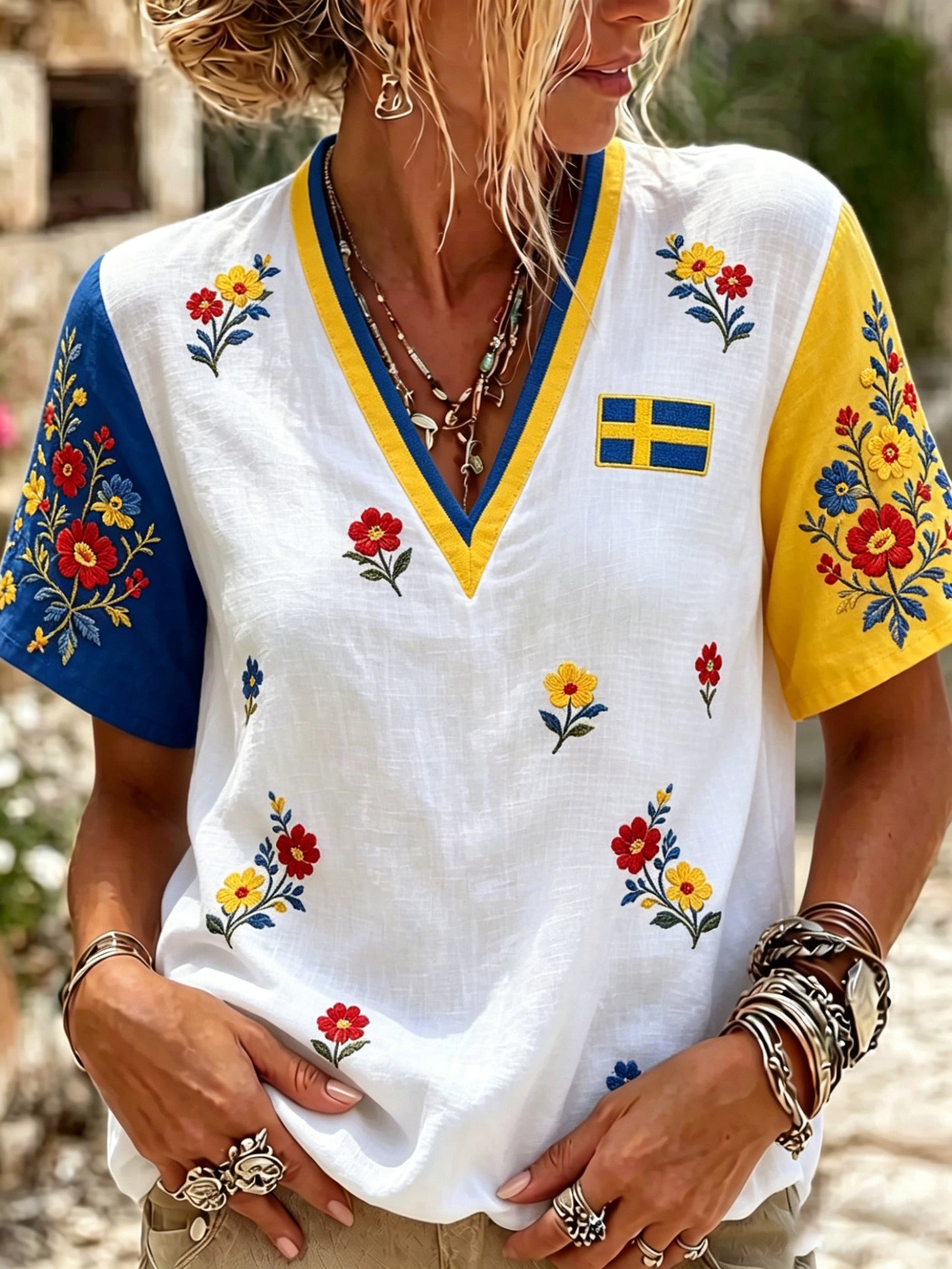 Kvinnors nationaldag Midsommarfestival minneskonst Tryck V-Neck Topp