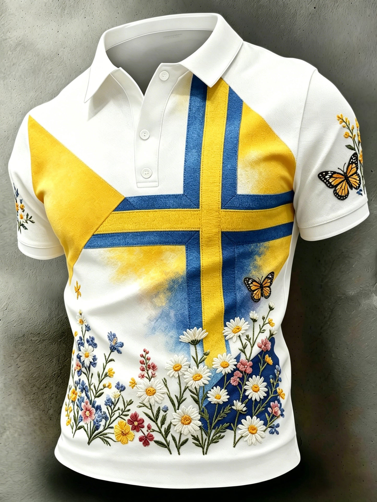 Herrpolo med konsttryck som hyllar Sveriges nationaldag och midsommarfesten