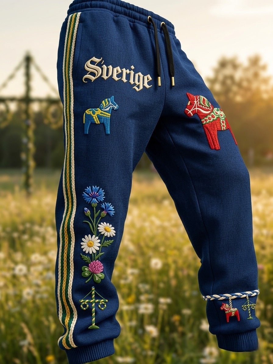 Herr Retro Svenska midsommar Folk Floral Casual Byxor
