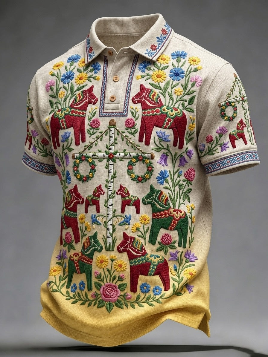 Herrretro svensk midsommarfolkblommig polotröja med korta ärmar