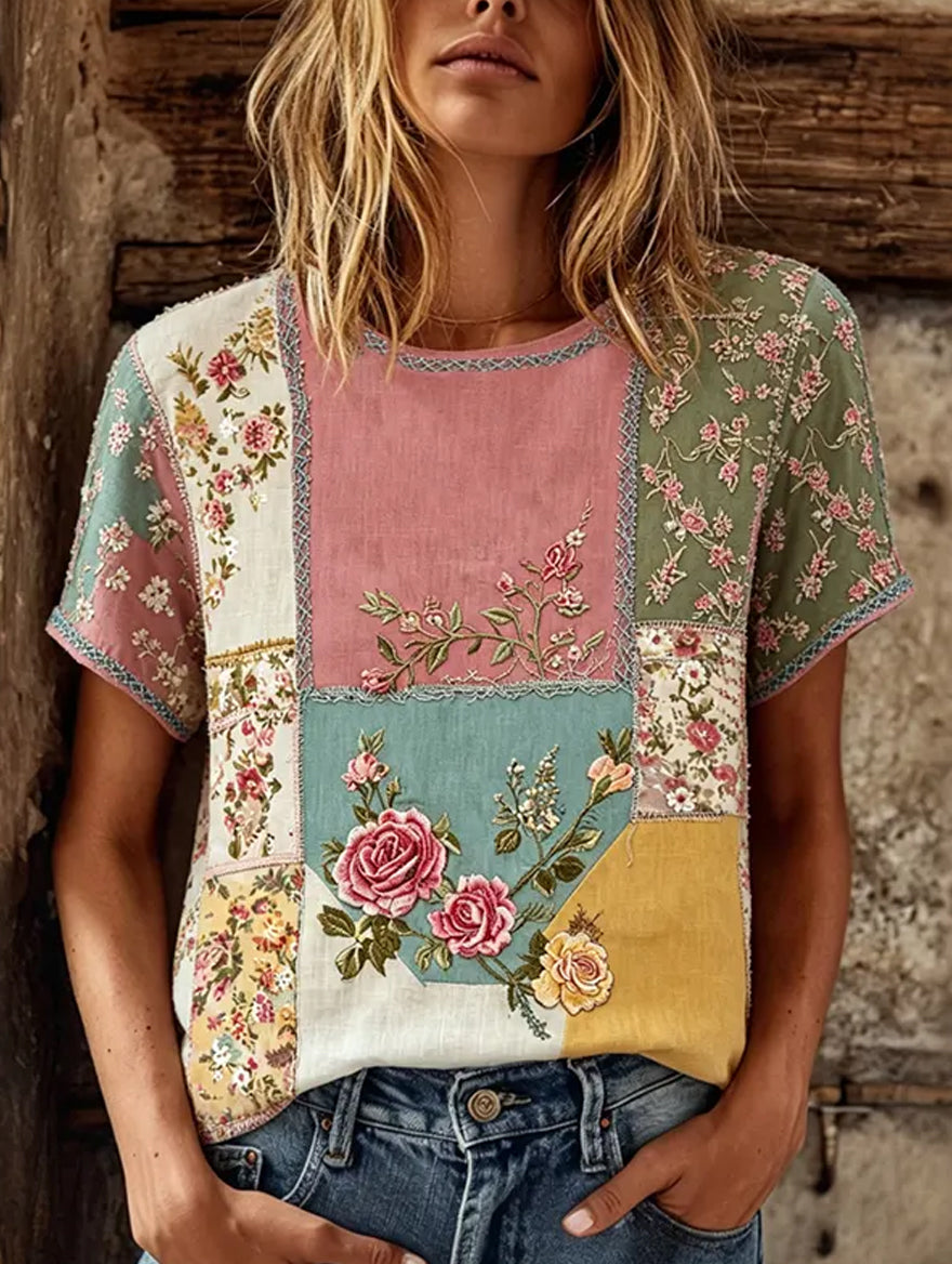 Dams vintage blommig konsttryckt casual topp i bomull-linne