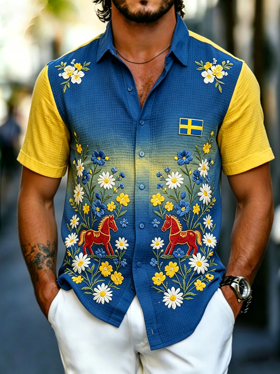 Mäns blomster & gungande häst utskrift våffel-knit Short-skjort
