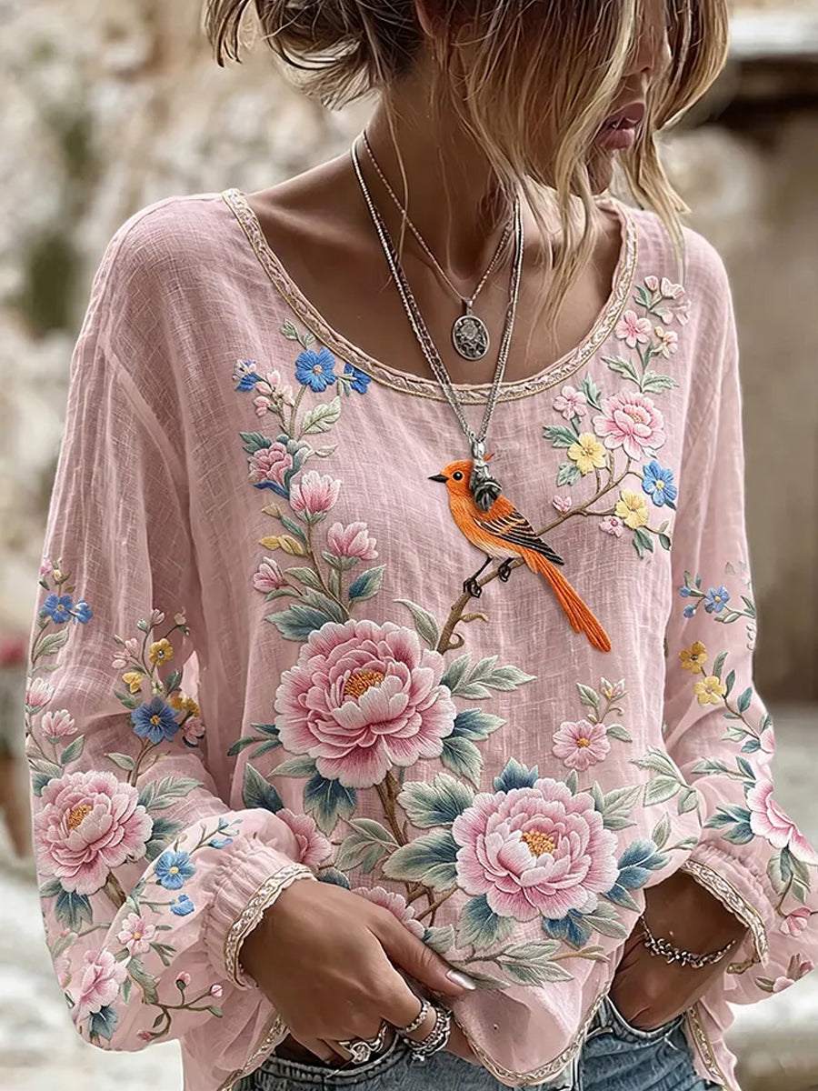 Dams vintage blommig konsttryckt casual topp i bomull-linne