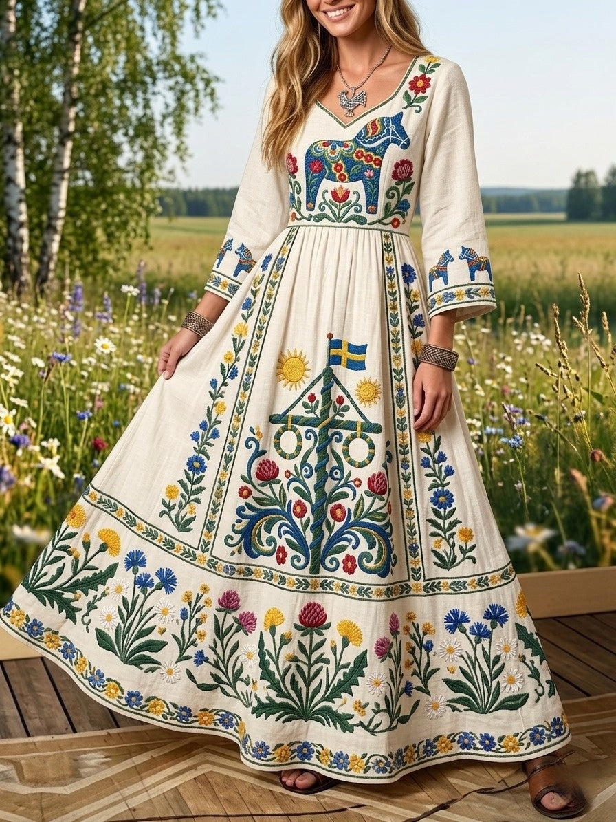 Kvinnor Retro Svenska midsommar Folk Floral Bomull-Linen Klänning