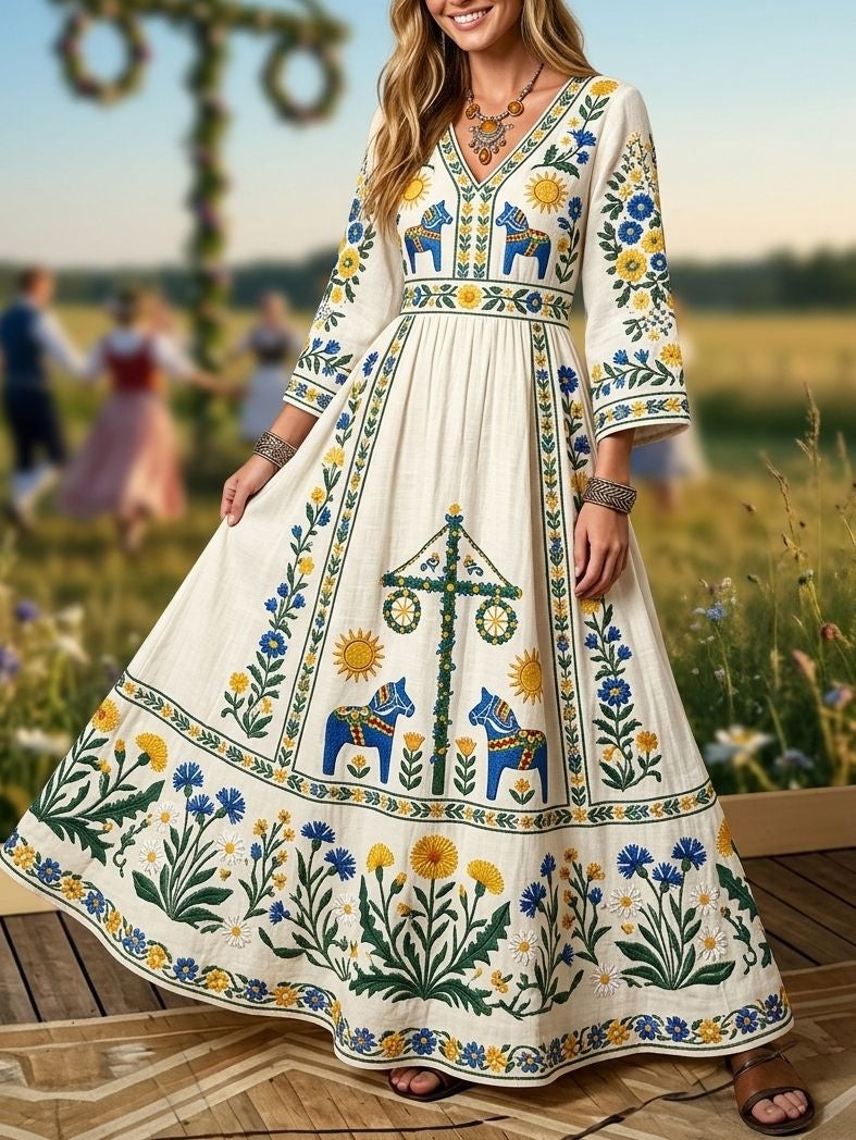 Dams retro svensk midsommarfolkdräkt i bomull-linne med blommönster