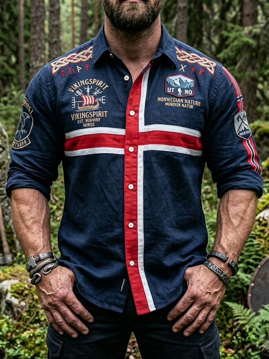 Menns Retro Viking Totem Patchwork Casual Skjort