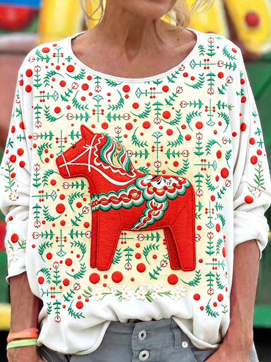 Kvinnors midsommar Dala Horse 3D Floral Print Casual Långärmad T-shirt