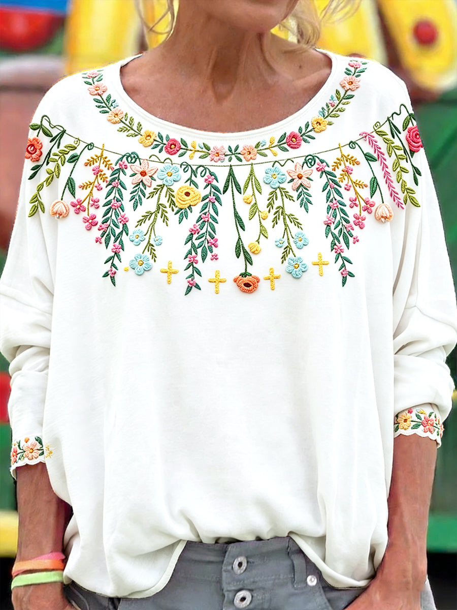 Kvinnors svenska midsommar Floral Tryck Casual Långärmad T-shirt